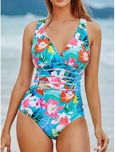  Damen Badeanzug Ein Stück Monokini Bademode Rückenfrei Bauchkontrolle Hohe Taillenlinie Schlank Urlaub Strandbekleidung Blumen V Ausschnitt Ärmellos Badeanzüge