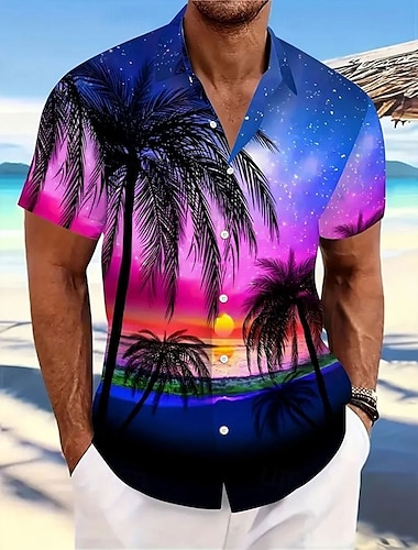 Voor heren Kokosnootboom Sterrenhemel Hawaiiaans overhemd Overhemd met knopen Aloha-shirt Korte mouw Hawaii Toevlucht Vakantie Feestdagen Strand Kleding Zomer Lente Strijkijzer shirts met kraag