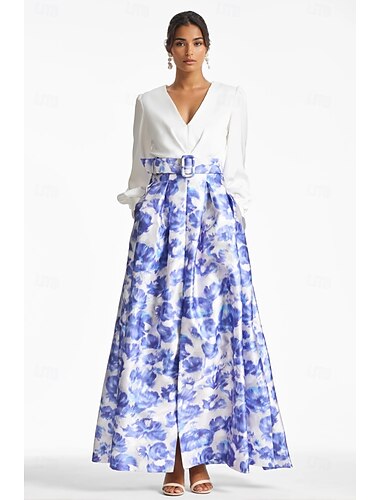  A-Line Abendkleid Hoher Schlitz Kleid Strandhochzeit Formelle Hochzeitsgast Bodenlänge Lange Ärmel V-Ausschnitt Gürtel  Band Satin mit Blumenmuster Schlitz Derby Kleid Renntagskleid