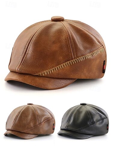  boné de jornaleiro vintage masculino de couro sintético – chapéu plano estilo gatsby retrô com detalhes costurados para uso casual, formal ou ao ar livre
