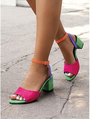  sandales à talon bloc à bout ouvert en faux suède multicolore pour femmes avec bride de cheville réglable - tendance et confortable pour l'été, les fêtes et les tenues décontractées