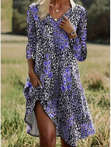 Per donna Abito lungo Abito lungo Abito casual Abito linea A Elegante Vintage Moda Da mare Feste Giornaliero Morbido Floreale Manica lunga A V Blu Viola Arancione Primavera Autunno