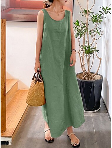  Dames Maxi-jurk Jurken van katoen en linnen Basic Casual Vakantie Dagelijks Normale pasvorm Effen Mouwloos Strakke ronde hals Geel Marineblauw Groen Zomer