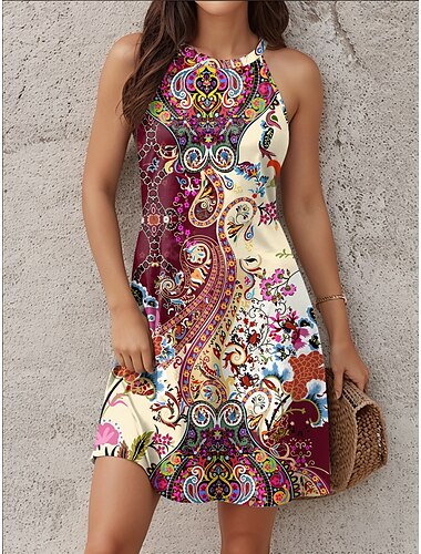  Damen Mini Kleid Lässiges Kleid Petite Kleid Sommerkleid Freizeit Urlaub Täglicher Cocktailparty Reguläre Passform Paisley Ärmellos Halterhals Pink Sommer