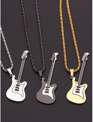  Men's Guitar Pendant Necklace – Gold and Silver Stainless Steel Rock Style Jewelry for Music Lovers and Gift Occasions