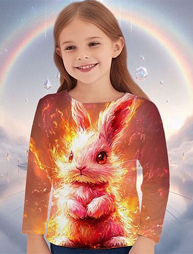  Påske Pige 3D Grafisk Dyr Kanin T-shirt Langærmet Forår Efterår Mode Basale Børn 4-12 år Rund hals udendørs Afslappet Daglig Regulær