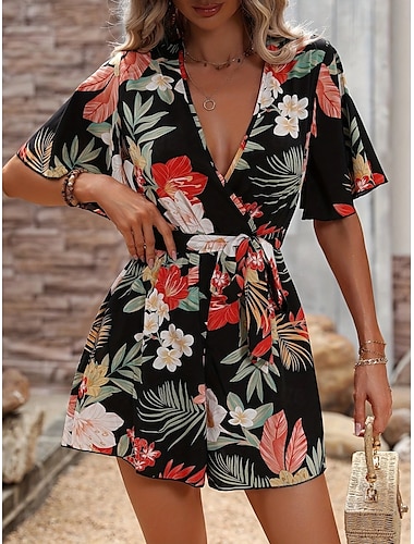  Mujer Normal Mono Activo Floral Manga Corta Escote en Pico Alta cintura Estampado Vacaciones Diario Ajuste regular Negro Verde Trébol Verano