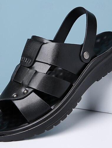  svarta sandaler i konstläder för män - sommarskor med öppen tå med korsbandsdesign och bekväm sula för fritidskläder