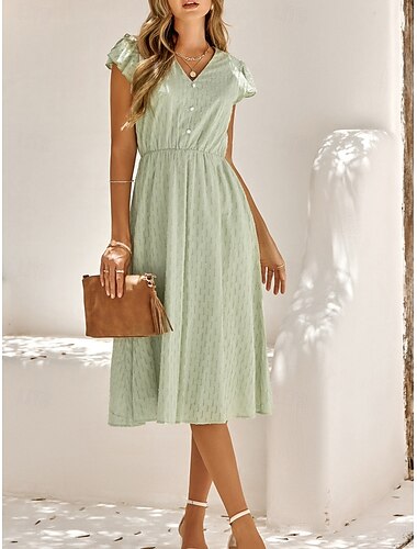  Women's Midi Dress White Dress Casual Dress A Line Dress Stylish Basic Casual Vacation Daily Regular Fit Plain Sleeveless V Neck White Green Summer Spring