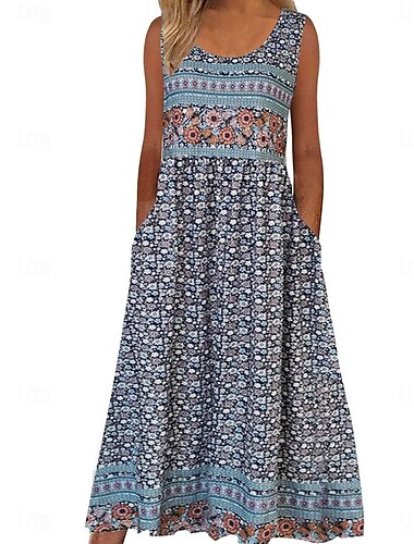 Damen Midikleid Casual kleid Boho-Kleid Elegant Vintage Stilvoll Urlaub Täglich Regular Fit Graphic Ärmellos Rundhalsausschnitt Schwarz Blau Grau Leicht Blau Sommer Frühling