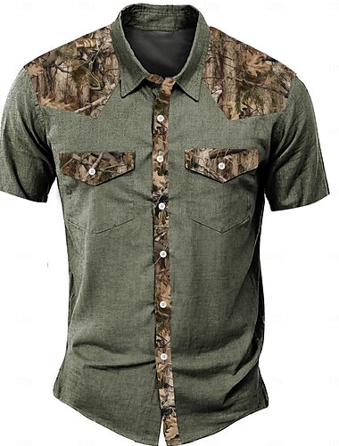  Per uomo Mimetico Camicia occidentale Manica corta Occidentale Sportivo Estate Collo ripiegabile Abbottonare 2 tasche Nero Verde Beige