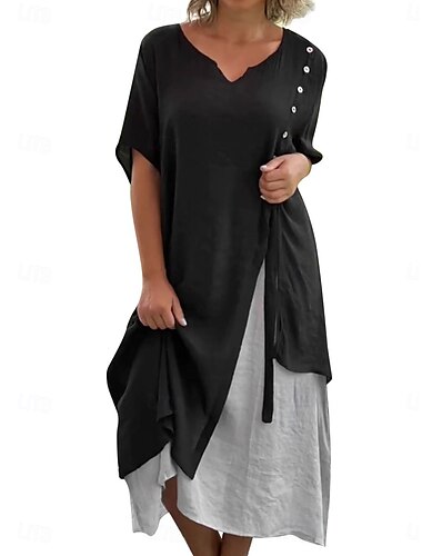 Damen Midikleid Leinen-inspirierte Kleider Elegant Vintage Stilvoll Urlaub Täglich Date Lässiger Schnitt Farbblock Kurzarm V Ausschnitt Schwarz Blau Sommer Frühling Herbst