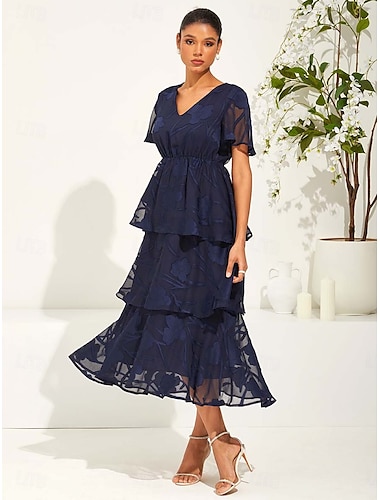  Femme Robe Maxi Robe Trapèze Elégant Grande occasion Manches Evasées robe demoiselle d honneur Soirée Cocktail Standard Plein Manche Courte Col V Bleu de minuit Eté