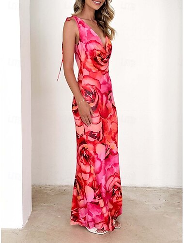  Mulheres Vestido Longo Vestido de festa Tubinho Sensual Festa Convidado do casamento Noivado Normal Floral Sem Manga Gola Boba Rosa Verão Primavera Outono