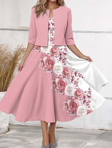  Abito Midi Donna Abito Casual Abito Chiffon Abito Swing Elegante Abito Midi Floreale Maniche Corte Scollo a V Stampa Vestibilità Regolare Data Rosa Primavera