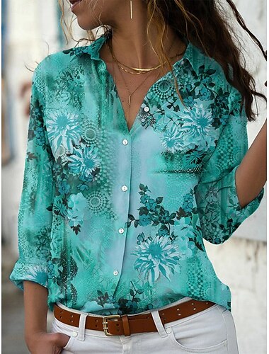  Dames Overhemd Blouse Bloemig Stijlvol Casual Lange mouw Overhemdkraag Normale tops Dagelijks Knop Afdrukken Rood blauw Paars Groen Zomer Lente