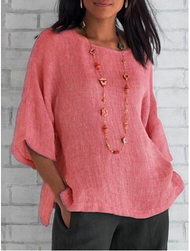  Damen Hemd Bluse Baumwoll-Leinen-Hemden Einfarbig Basic Lässig Dreiviertelarm Rundhalsausschnitt Normale Oberteile Täglich Gras-Grün Schwarz Weiß Hellgrün Rosa Sommer
