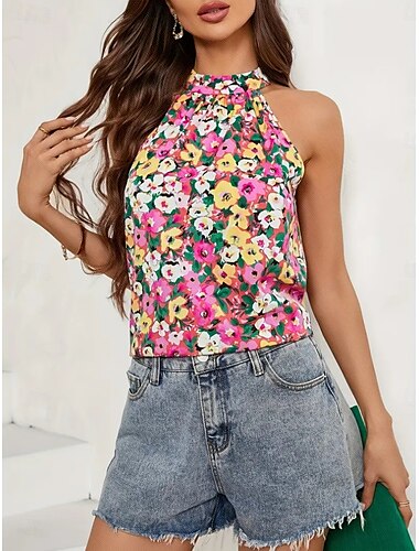  Kvinnors Camisole Tank Top Blommig Stilren Casual Ärmlös Halterneck Vanliga Toppar Daglig Utskrift Rosa Sommar