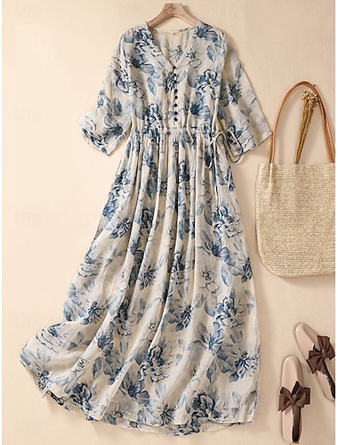  Femmes Robe maxi Robes en coton et lin Robe Décontractée Robe évasée Robe longue en coton Basique Occasionnel Vacances Quotidien Coupe régulière Fleuri Manche Courte Col en V Kaki Été