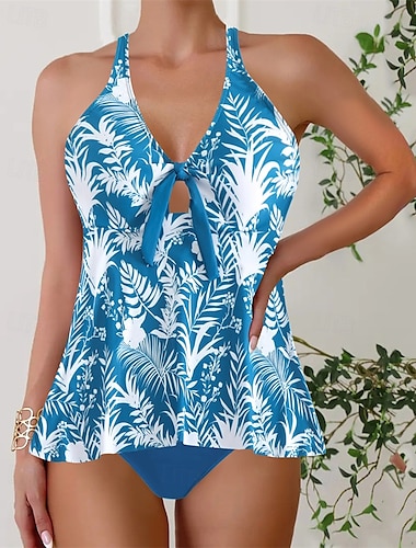  Damskie Tankini Dwuczęściowy strój kąpielowy Głęboki dekolt w serek Kąpielówki Stroje kąpielowe Niebieski Oddychający Szybkie wysychanie Lekki Bez rękawów - Pływacki Surfing Plaża Lato Wiosna Puszysta