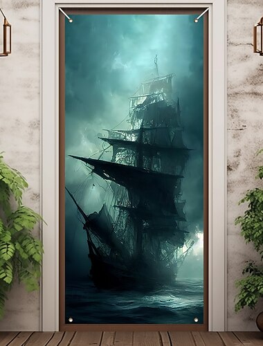  Pirate Ship Door Decorations Door Covers Door Tapestry Door Curtain Decoration Backdrop Indoor/Outdoor Door Banner for Front Door Farmhouse