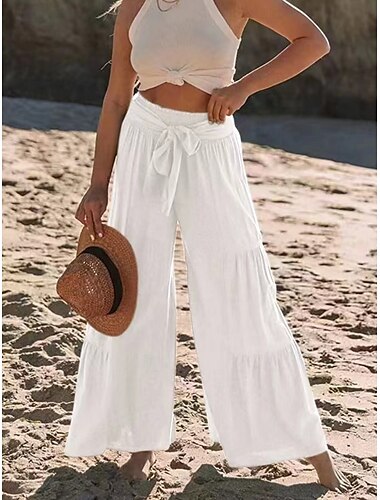  Femmes Pantalon en coton et lin Chinos Leggings Mode Streetwear Longueur complète Taille haute Uni Ceinture Élastique Confortable Doux Micro-Élastique Extérieur Rue Blanche Bleu Vert Été Printemps