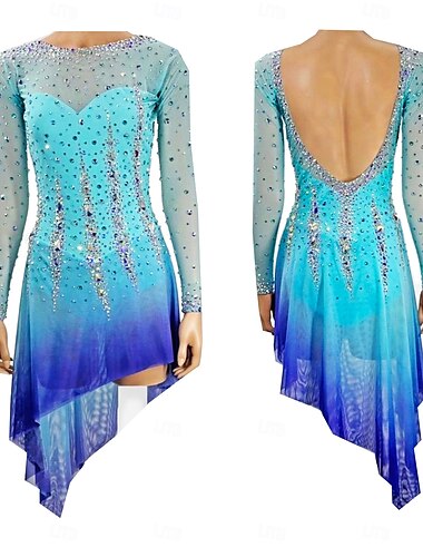  Eiskunstlaufkleid Damen Mädchen Eislaufen Kleider Wasserblau Daumenloch Halo-Färbung Hochelastisch Professionell Wettbewerb Eiskunstlaufkleidung warm Kristalle Langarm Eislaufen Eiskundstlauf