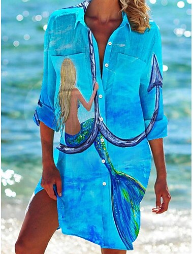  Damen Mini Kleid Hemd Kleid Lässiges Kleid Shift Kleid Täglicher Urlaub Ferien Heißes Hemd Kragen Print Langarm Sommer Herbst Frühjahr Lockere Passform Rot Blau Grün Regenbogen Print