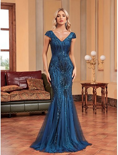  Meerjungfrau/Trompete Abendkleid glitzerndes Kleid formelle Hochzeit bodenlang Kurzarm V-Ausschnitt Tüll mit Strass Glitzer 2025