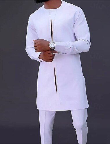  Hombre Ropa de salón Bata de noche Camisa de dormir Conjuntos 1 juego Plano Elegante Confort Hogar Diario Algodón Transpirable Cuello Barco Manga Larga Primavera Otoño Blanco
