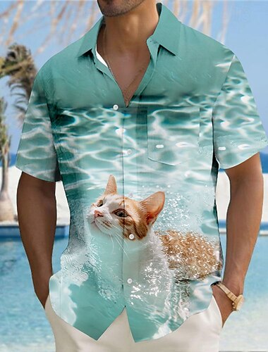  Herren Katze 3D-Druck Wellen Hemd Knopfhemd Kurzarm Modisch lässig Urlaub Festtage Strandbekleidung Sommer Herbst Umlegekragen 3D-Druck Hemden mit Kragen Eine Tasche vorne Hellblau Blau 2# Blau 1