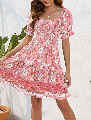  Női Mini ruha hétköznapi ruha nyári ruha Boho ruha Elegáns Stílusos Lámpás hüvely Vakáció Napi Randi Normál Virágos Rövid ujjú Szögletes Fekete Arcpír rózsaszín Medence Nyár