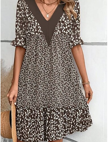  Mujer Mini vestido Vestido informal Elegante Casual Vacaciones Diario Ajuste regular Floral Manga Corta Escote en Pico Rojo Marrón Verde Trébol Azul claro Verano