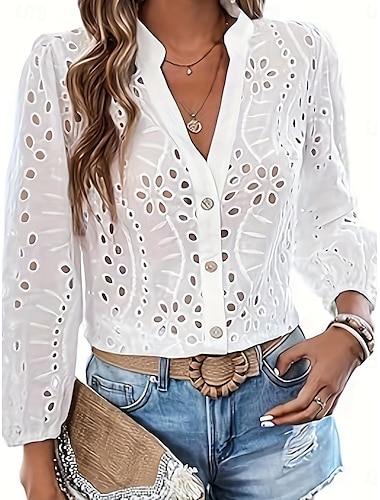  Per donna Camicia Blusa Liscio Moda Informale Manica lunga A V Top regolari Giornaliero Occhiello Bianco Primavera Autunno