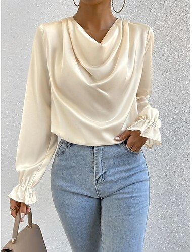  Damen Hemd Bluse Feste Farbe Stilvoll Brautkleider schlicht Langarm Wasserfallausschnitt Normale Oberteile Täglich Rüschen Schwarz Beige Sommer Frühling