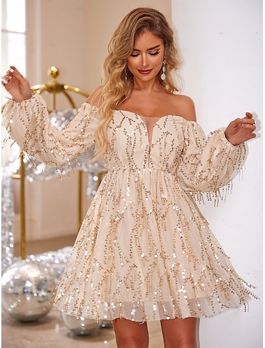 A-Linie Heimkehr Kleider Party Kleid Abendgesellschaft Abschlussball Kurz / Mini Langarm Schulterfrei Polyester mit Glitzer Quaste 2025