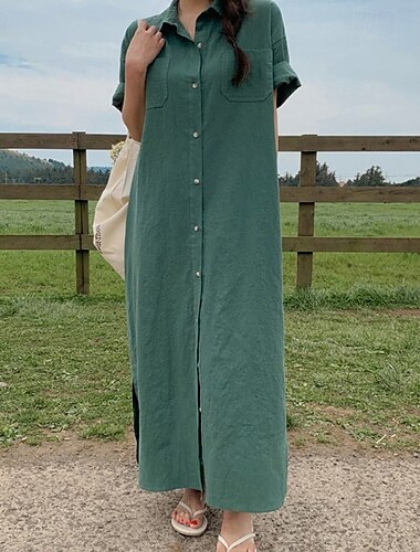  Femmes Robe Longue Maxi Robe Robes inspirées du lin Robe Chemise Robe Décontractée Robe en coton et lin Élégant Occasionnel Vacances Quotidien Date Coupe régulière Uni Manche Courte Revers Jaune Rose