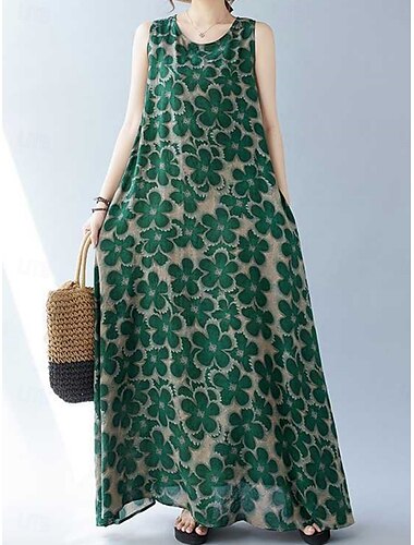 Femmes Robe maxi Robes en coton et lin Robe Décontractée Robe évasée Robe débardeur Basique Occasionnel Vacances Quotidien Coupe régulière Fleuri Sans manches Col ras du cou Vert Été