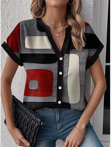  Camisa de Mujeres Geométrica Bloque de Color Moderna Casual Manga Corta Cuello Notchado Ajuste Regular Trabajo Diaria Estampado Negra Verano Primavera
