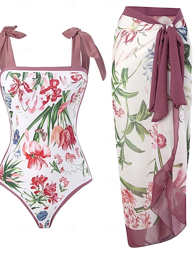  Femme Maillots de Bain 2 pièces Monokini Jupe Maillot de bain Dos Nu Contrôle du Ventre Taille haute Mince Vacances Tenues de plage Floral Décolleté Sans Manches Maillots de bain