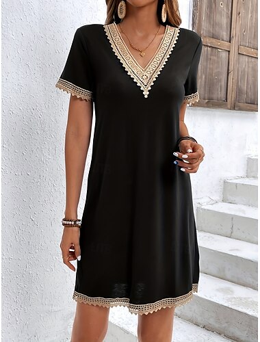  Damen Minikleid schwarzes kleid Casual kleid Basic Brautkleider schlicht Urlaub Täglich Regular Fit Glatt Kurzarm V Ausschnitt Schwarz Sommer