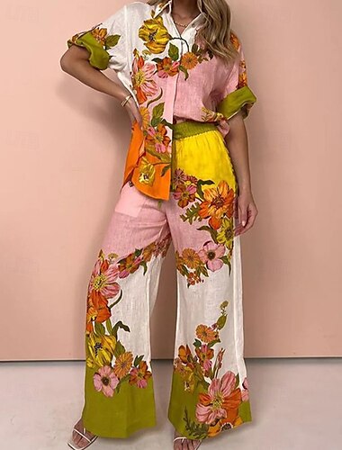  Mujer Moda Ropa de calle Camisa Conjuntos inspirados en el lino Conjuntos de dos piezas Pantalones de lino Pantalones Manga Larga Cuello Camisero Floral Graphic Retazos Ropa Cotidiana Cita Blanco