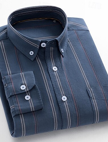  Men's Dress Shirt Oxford Shirt Plaid Formal Navy Blue Blue khaki Long Sleeve Shirt Collar Spring, Fall, Winter, Summer Clothing Apparel Buttons