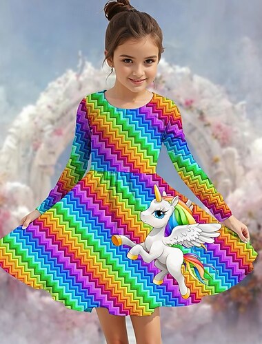 Girls ' 3D Grafika Jednorožec Šaty Dlouhý rukáv Léto Jaro Dovolená Denní Princeznovské Krásná Sladký Děti 4-12 let Volnočasové šaty Áčkové šaty Délka ke kolenům Běžný