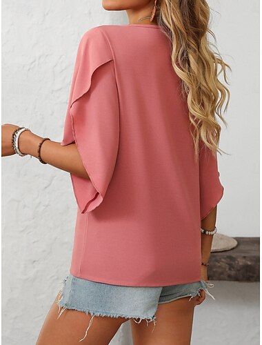  Damen Hemd Bluse Feste Farbe Stilvoll Brautkleider schlicht Halbe Ärmel V Ausschnitt Normale Oberteile Täglich Rüsche Rosa Leicht Blau Sommer Frühling