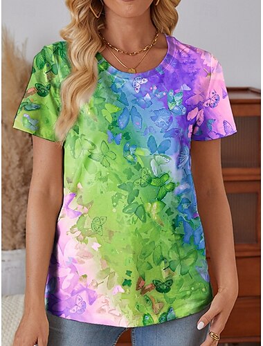  Damen T Shirt Farbverlauf Lässig Kurzarm Rundhals Normale Oberteile Täglich Druck Blau Purpur Grün Regenbogen Sommer