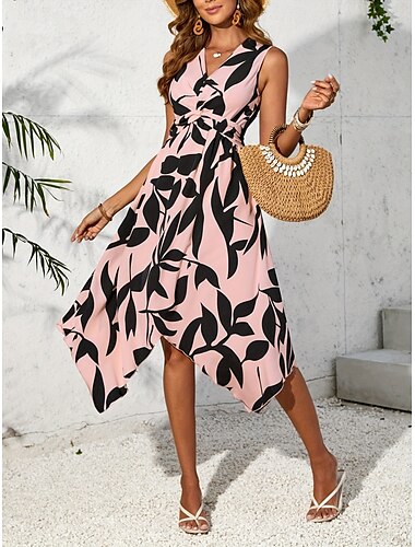  Femme Robe mi-longue Robe casual Robe Évasée Robe Trapèze mode Décontractées Vacances du quotidien Standard Feuille Sans Manches Col V Rose Claire Bleu Violet Abricot Eté