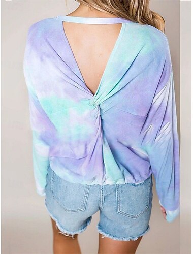  Damen T Shirt Batik Modisch Modern Brautkleider schlicht Langarm Rundhalsausschnitt Normale Oberteile Täglich Wochenende Bedruckt Blau Sommer Frühling