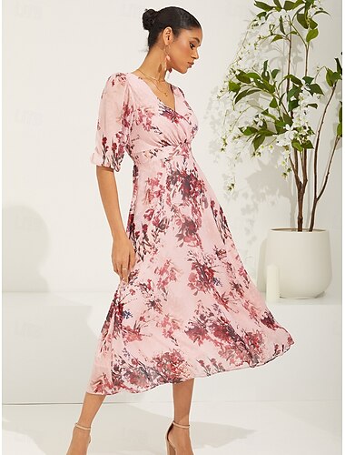  Damen Midikleid Chiffon-Kleid Elegant Stilvoll Puffärmel Hochzeit kleid hochzeitsgast Täglich Regular Fit Blumen Halbe Ärmel V Ausschnitt Rosa Sommer Frühling Herbst