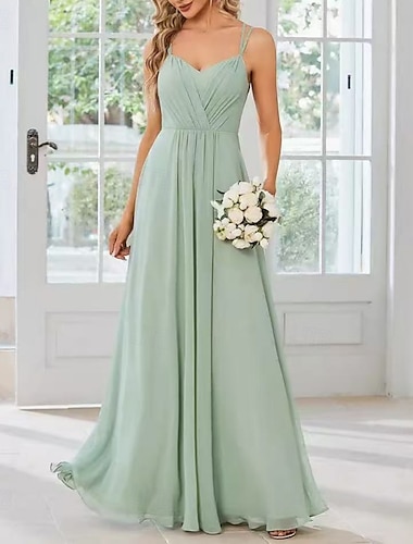  A-Linie Brautjungfernkleid V Ausschnitt / Schatz Ausschnitt / Spaghetti-Träger Ärmellos Elegant Boden-Länge Chiffon / Spandex mit Überkreuzte Rüschen / Drapiert / Applikationen 2022